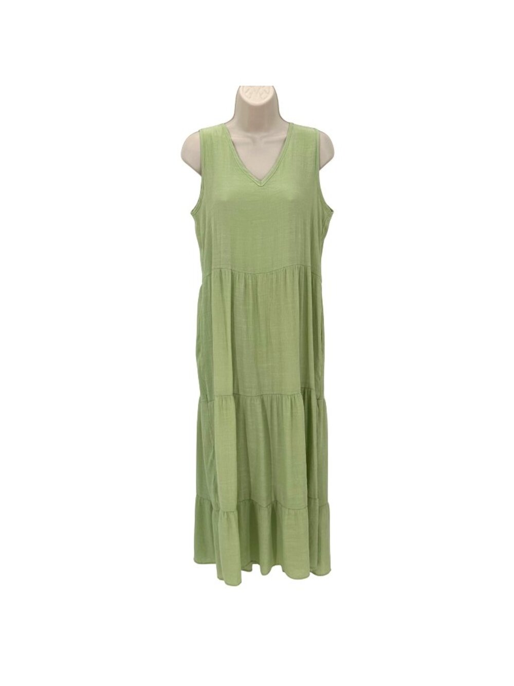 Halife Sleeveless Tiered Green Side Pockets V-Neck Lightweight Maxi Dress L